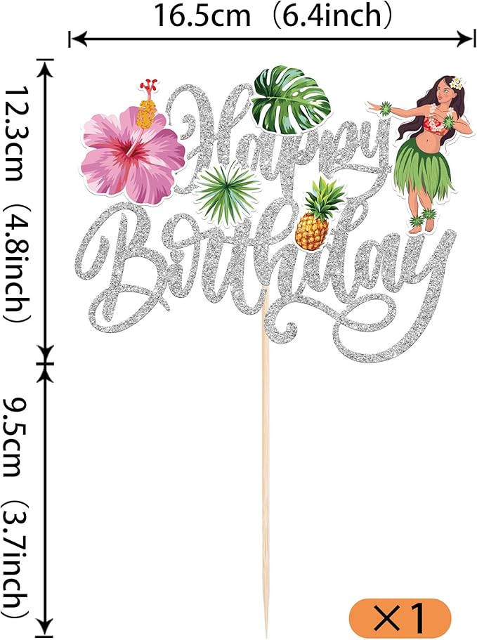Rsstarxi 1 Pack Hawaii Luau Birthday Cake Topper Hula Aloha Turtle Leaves Cake Pick Hawaiian Cake Decorations for Summer Theme Baby Shower Birthday Tropical Party Decorations Silver