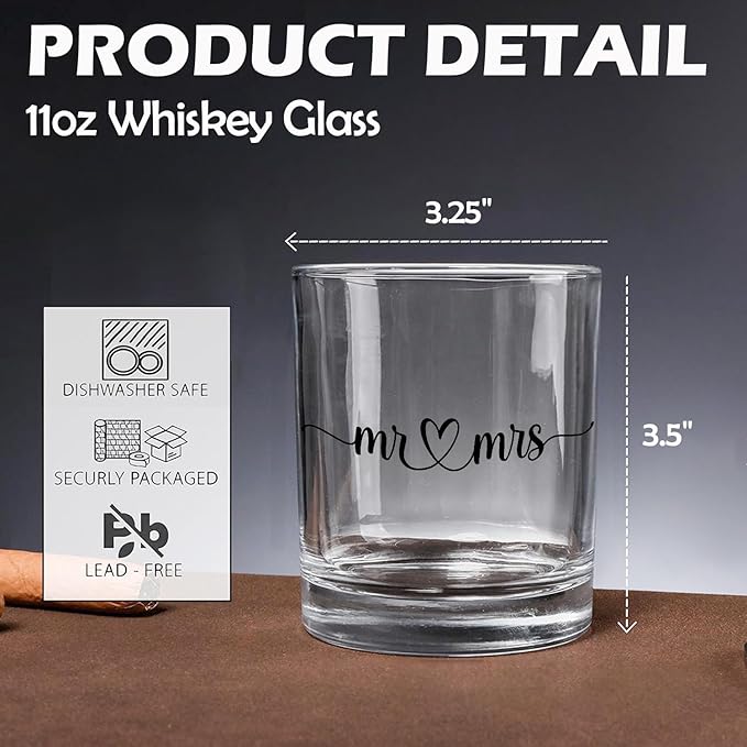 Mr and Mrs Whiskey Glasses 10 oz, Bridal Shower Wedding Engagement Bachelorette Gifts, Newlywed Gifts Old Fashioned Rocks Glasses for Couples Drinking Scotch Bourbon Cocktail Liquor Vodka