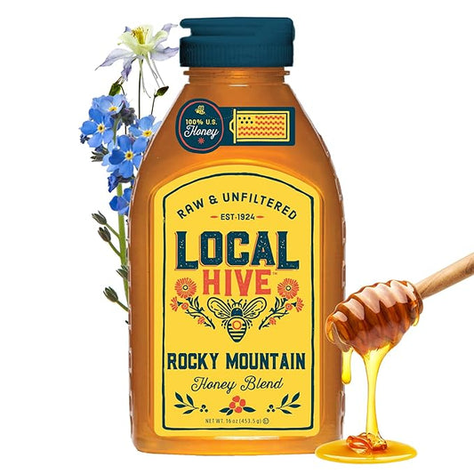 Local Hive Rocky Mountain Raw Unfiltered Honey – 16 oz, 100% Pure US Honey, Sourced from American Bees and Beekeepers - Natural Sweetener, Ideal for Tea, Baking, and Cooking