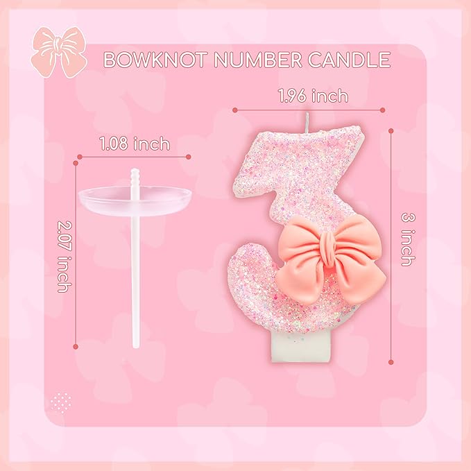 PHD CAKE Number 3 Pink Bowknot Birthday Candles, Cute Themed Number Candles, Party Celebration