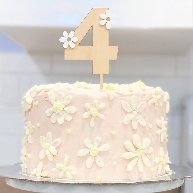 Wooden Daisy Cake Topper - 4th Birthday & Anniversary Decor, Retro Groovy & Boho Styles, Wooden Cake Decorating Supplies