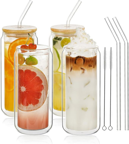 LIBWYS 16oz Double Wall Drinking Glass Cups with Bamboo Lids and Straws, 4 Pc Set ??Condensation Resistant Insulated Glass Can Tumblers for Cold Drinks, Iced Coffee, Tea, Juice, Cleaning Brush