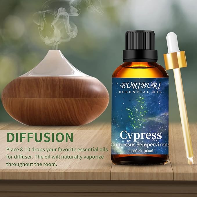 BURIBURI 100ML Cypress Essential Oil, 100% Pure Undiluted Aromatherapy Cypress Oil 3.38fl.oz for Soap, Candle Making, Massage, Diffuser, Humidifier