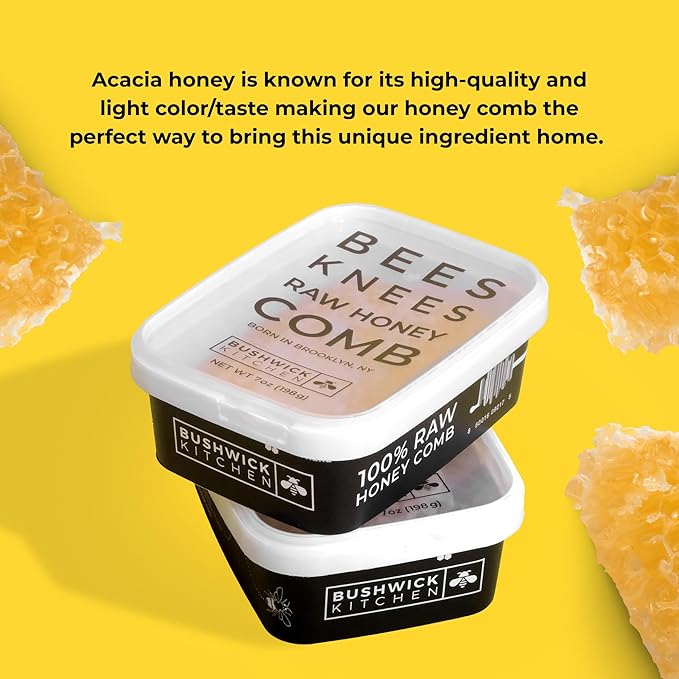 Bees Knees Raw Honeycomb, 100% Edible, All-Natural Gourmet Honeycomb in Double Sealed Packaging, Acacia Honey Comb with Sweet, Light Flavor, Foodie Gifts, Tea Gifts, Unique Gift Ideas (7 oz)