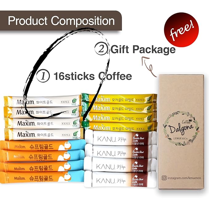 Korean Latte - Korean 3 in 1 Instant Coffee Variety Sample Packets with Gift Box Set, Maxim Supreme Gold KANU Latte 4 Mix Combination 16 Sticks