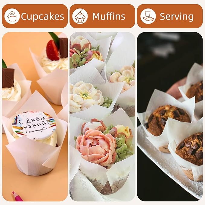 200pcs White Tulip Cupcake Liners for Baking Cups, Premium Parchment paper Tulip Muffin Liners, Greaseproof Cupcake Wrapper for Party, Christmas by JIRNGLA
