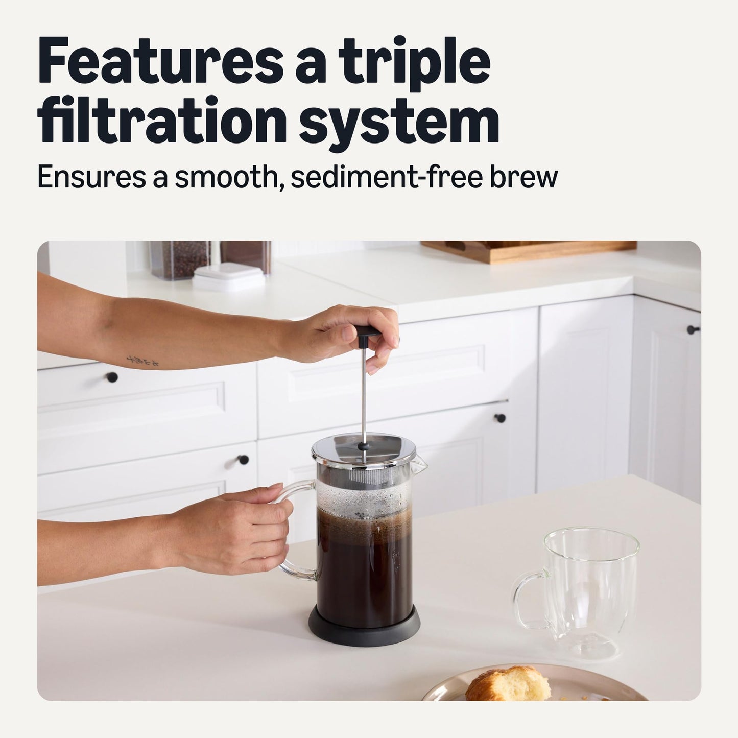 Amazon Basics French Coffee Press, 34 oz., Borosilicate Glass, BPA-Free, Triple Filtration System