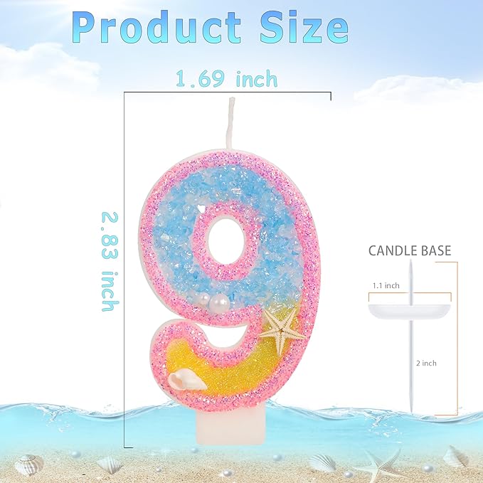 9th Birthday Candle for Cake, Pink Beach Starfish Sequins Number Candles, 2.76 inch Pink Cake Topper Decoration for Birthday Party (Number 9)