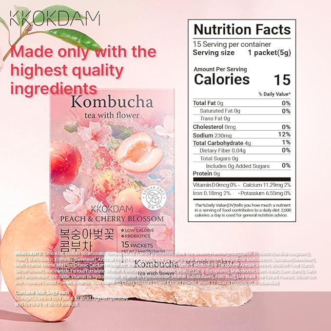 KKOKDAM Kombucha Tea - Peach & Cherryblossom Korean Tea - Kombucha Drinks Probiotic Support, Low Calorie, Sugar Free Kombucha Pack - 15 Packs