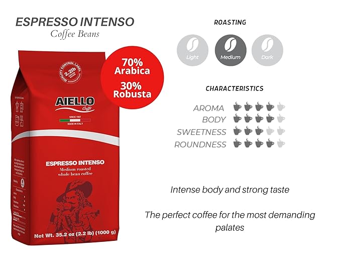 Aiello Caffe Italian Espresso Coffee Beans 2.2 LB Bag, Medium Whole Bean Coffee Freshly Roasted and Blended in Southern Italy, Intenso