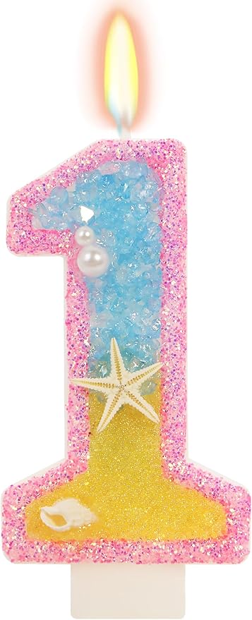 1st Birthday Candle for Cake, Pink Beach Starfish Sequins Number Cake Candles, 2.76 inch Pink Cake Topper Decoration for Birthday Party (Number 1)