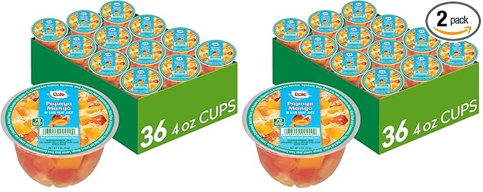 Dole Papaya Mango In 100% Fruit Juice Snacks, 4oz 36 Total Cups, Gluten & Dairy Free, Bulk Lunch Snacks for Kids & Adults (Pack of 2)