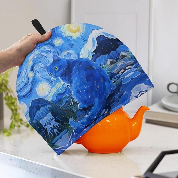 Tea Cozy Starry Night Blue Cat Print Creative Insulated Tea Cosy Extra Thick Home Kitchen Decoration Creative Gifts Dust Teapot Cover Kitchen Accessories for Travel