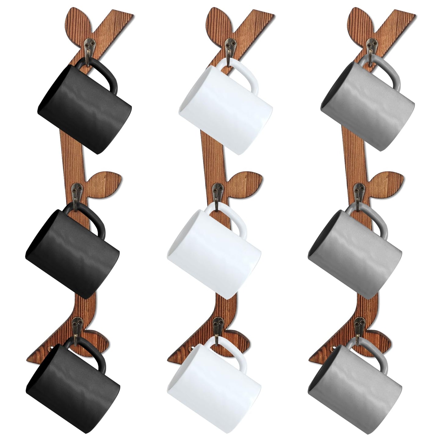 MSHUNKEJI 3 Pack Wood Coffee Mug Wall Rack with 9 Hooks Wall Mount Coffee Cup Holder Wooden