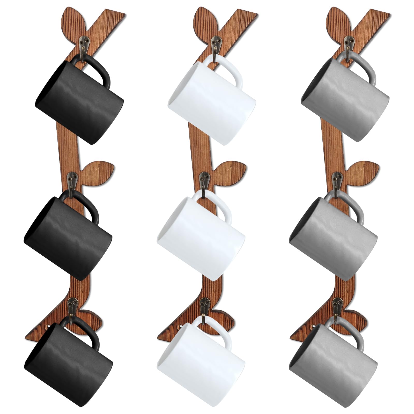 MSHUNKEJI 3 Pack Wood Coffee Mug Wall Rack with 9 Hooks Wall Mount Coffee Cup Holder Wooden