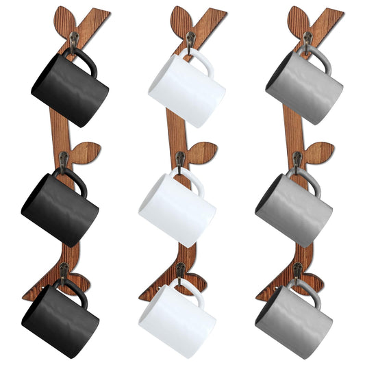 MSHUNKEJI 3 Pack Wood Coffee Mug Wall Rack with 9 Hooks Wall Mount Coffee Cup Holder Wooden
