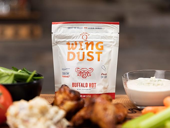 Kosmos Q Hot Buffalo Wing Dust, Spicy Chicken Wing Seasoning Powder for Wings, Popcorn, Fries & More, Bold Buffalo Flavor with Cayenne, Garlic, Blue Cheese, Dry Rub Dust for Grilling, 5 Oz Bag