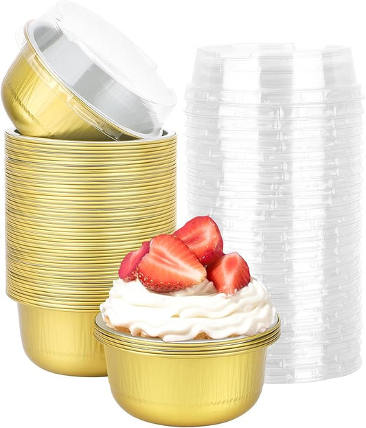 Beasea Aluminum Ramekins With Lids, 50 Pack 6.1oz 180ml Disposable Foil Aluminum Baking Cups Round Oven Baking Mini Cupcake Cups for Party - Gold