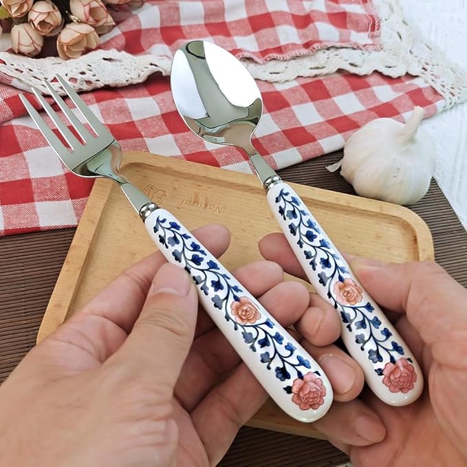 20cm 8inch Dinner Fork Soup Spoon 18-10 Stainless Steel Mirror Smooth Polished Ceramic Handle,Peony Pastoral Whisper Style Table Forks, SUS304 Steak Fork (1 PCS Fork+1 PCS Spoon Peony)