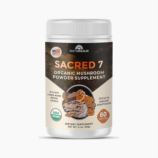 Sacred 7 Organic Mushroom Supplement ??100% Fruiting Body Extract Powder with Lions Mane, Reishi
