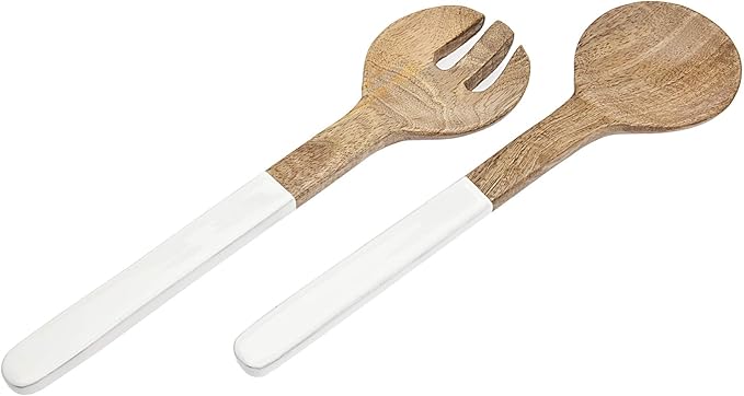 Godinger Salad Server Fork Spoon Set Utensils - Wood/Enamel