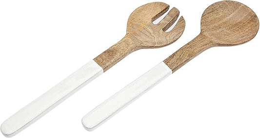 Godinger Salad Server Fork Spoon Set Utensils - Wood/Enamel