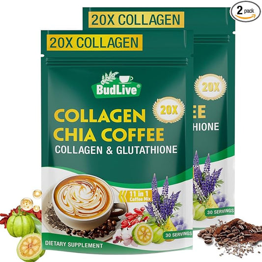 20X Collagen Chia Coffee, 11 in 1 Shape Coffee Mix with Collagen & Chia Seeds, Goji Berry, Supports Hair, Skin & Nails, Boost Beauty & Energy, Sugar Free, Vegan, Gluten-Free, 30 Servings