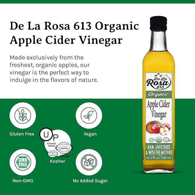 De La Rosa Organic Apple Cider Vinegar, Raw & Unfiltered, Kosher for Passover, Vegan & Gluten Free, Great for Salad Dressing & Marinades, Apple Cider with The Mother, 16.9 Oz (Pack of 2)
