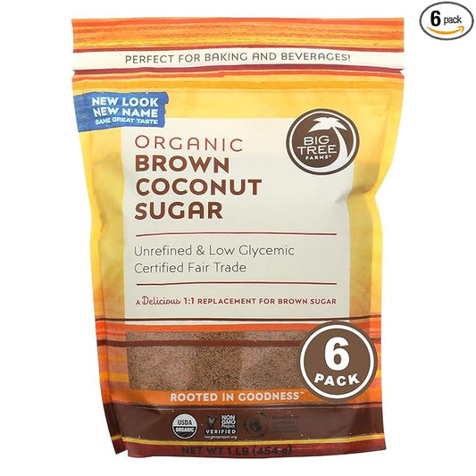 Big Tree Farms Organic Brown Coconut Sugar - Coconut Palm Sugar, Unrefined, Fine Crystals, Cane Sugar Replacement, Coconut Blossom Nectar, Vegan, Perfect for Baking - 1 Pound (Pack of 6)
