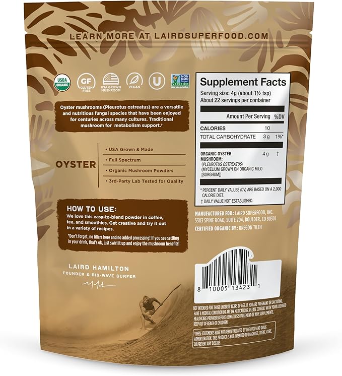Laird Superfood Organic Oyster Mushroom Powder for Immune and Digestive Support, 3.17 oz. Bag, Pack of 1