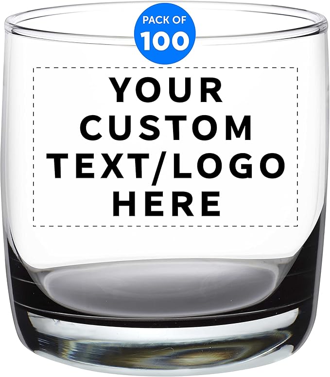 DISCOUNT PROMOS Custom Whiskey Glasses 10 oz Set of 100, Personalized Bulk Pack - Heavy Base Old Fashioned Glass, Perfect for Scotch, Bourbon, Whiskey, Cocktail - Black Bottom Color