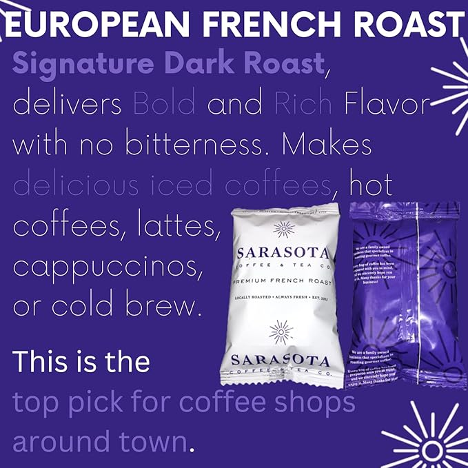 Sarasota Coffee Ground Packets | Low Acid Dark Roast Ground Coffee Packs | European French Roast | Mold Free Coffee Singles Packets | Ground Coffee Pouches | Individual Coffee Packets for 12 Cup Coffee Maker | 2.5 Ounce Bags, 36 Count