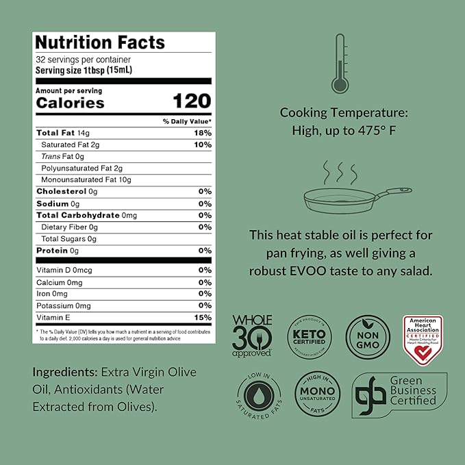 Fresh Press Farms Cold Pressed High Heat Extra Virgin Olive Oil for Pan Frying and Grilling, 16.4 Fl Oz (Pack of 2), Georgia Grown, 100% American Made, Unrefined, Certified Whole30, Non-GMO, Keto, Paleo, Gluten Free