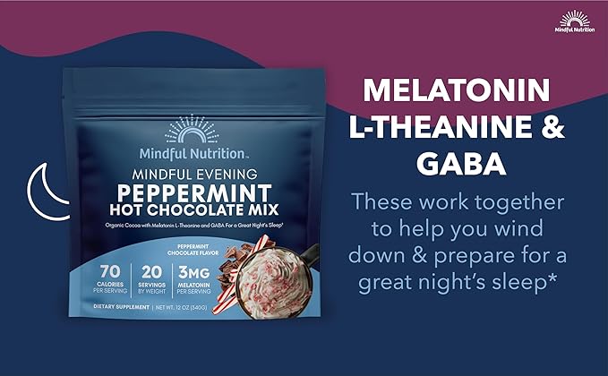 Mindful Evening Peppermint Cocoa Mix Natural Sleep Aid, Melatonin 3mg, L-Theanine, GABA Supplements, Natural Calm Sleep Support Stress Relief Calm Sleepy Cocoa Nighttime Peppermint Hot Chocolate