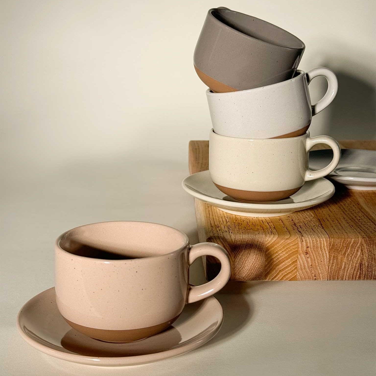 Mora Ceramics 8oz Cappuccino Mug Set of 4 - Ceramic Coffee Cups with Saucers - Microwave and