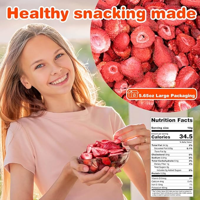 Freeze-Dried Strawberry Slices 5.6oz Jar - 100% Natural Crispy Strawberry Fruit Snack, Vegan, Non-GMO, Dried Berry for Baking, Smoothies, Yogurt & Oatmeal Topping (160g)