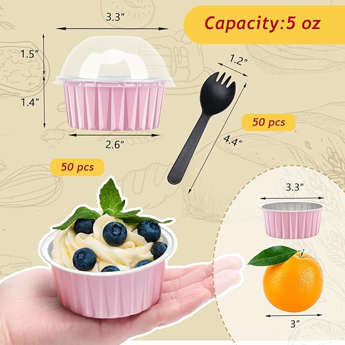 Jumbo Muffin Liners with Lids 50 Pack,Free-Air 5oz Aluminum Foil Cupcake Cups Muffin Tins,Disposable Ramekins Cupcake Baking Pans Cupcake Holders for Custard Mini Pie -Pink