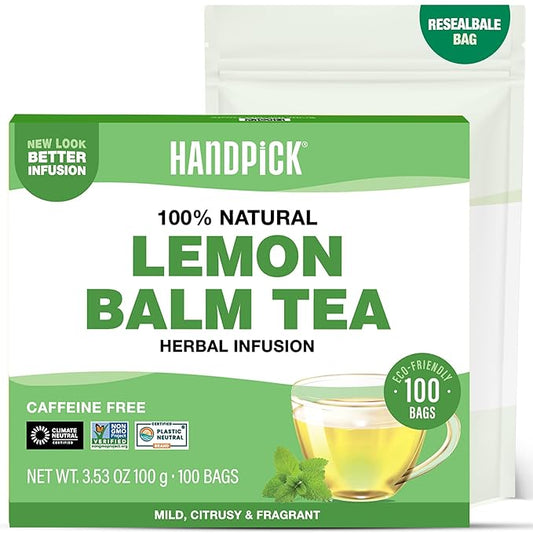 HANDPICK Lemon Balm Tea Bags ??100 Count | 100% Pure Natural Dried Lemon Balm Herb | Caffeine-Free Herbal Tea with Citrus Flavor & Aroma | Round Eco-conscious Teabags
