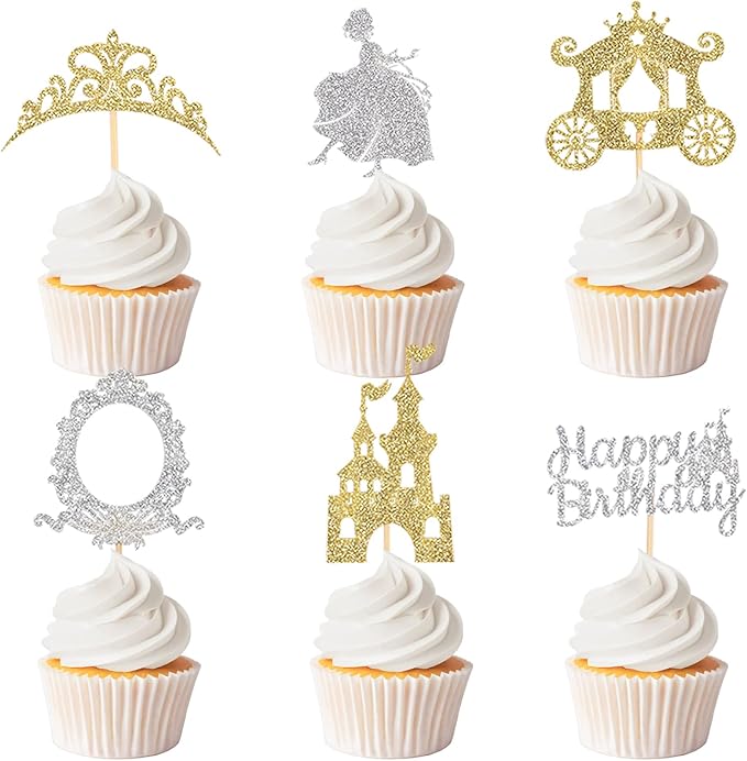 24pcs Gold Castle Cupcake Toppers Glitter Princess Prom Crown Cupcake Toppers for Princess Birthday Party Decorations Baby Shower Cake Decorations Supplies halloween party decor