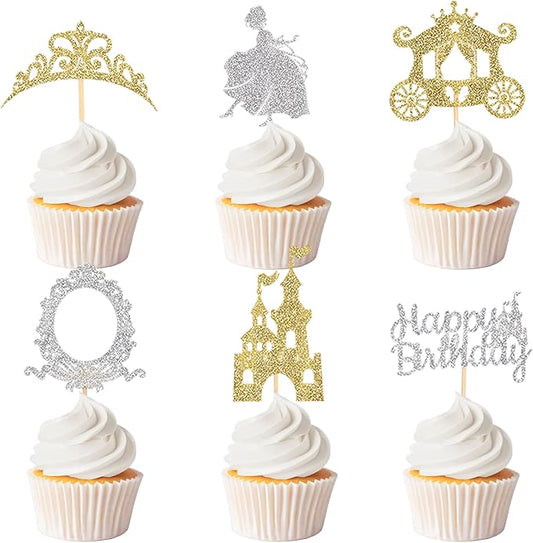 24pcs Gold Castle Cupcake Toppers Glitter Princess Prom Crown Cupcake Toppers for Princess Birthday Party Decorations Baby Shower Cake Decorations Supplies halloween party decor