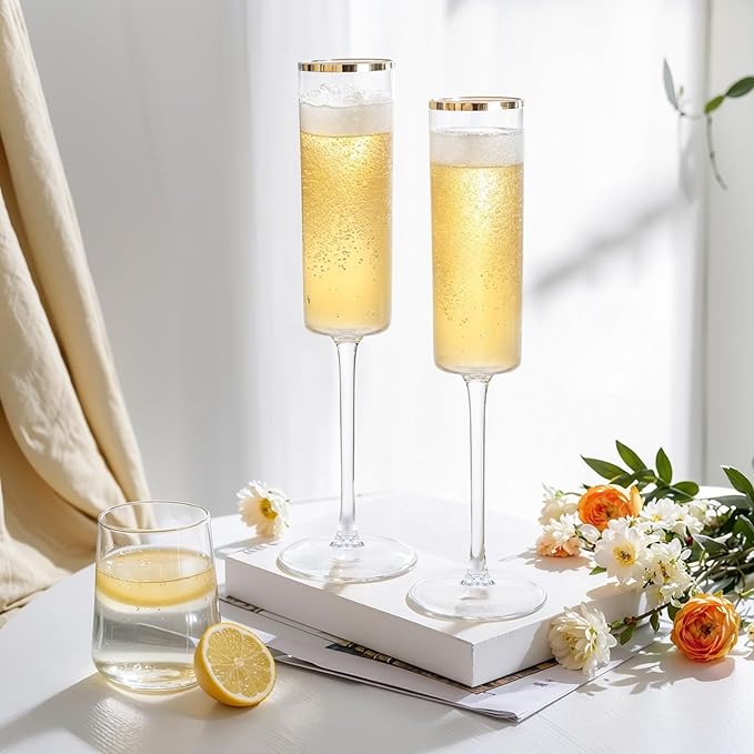 Ciaell 24 Pack Plastic Champagne Flutes - 6Oz Gold Rim Disposable Champagne Glasses - Square Clear Plastic Toasting Glasses for Party Birthday Anniversary Wedding Thanksgiving