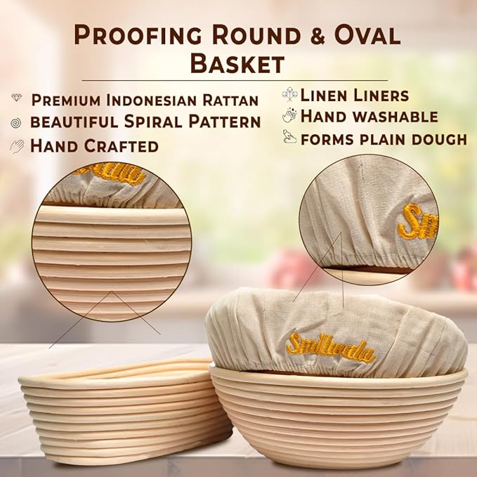 Set of 2 Banneton Bread Proofing Basket with linen Liner, 9" Round & 10" Oval bread basket with 9 Essential Bread Making Tools ??Rattan Sourdough Banneton Basket Kit for Baking Enthusiasts