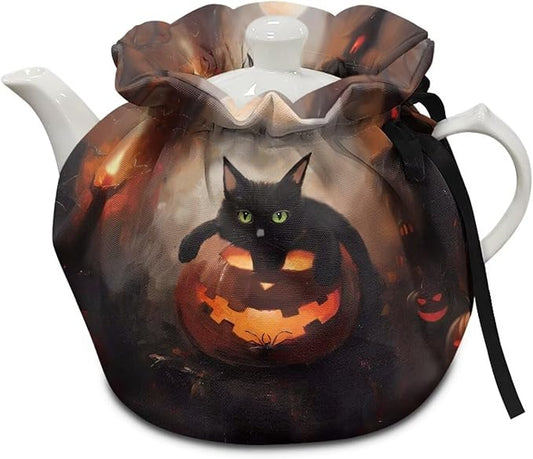 Black Cat Tea Cozy for Teapot Insulated Pumpkin Tea Pot Cozy for All Hallows' Eve Reusable Breakfast Warmer Designed in England Resuable Kettle Cover for Kitchen Decor