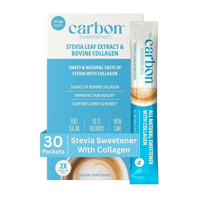 Carbon Sweeteners Stevia Powder Sweetener Packets with Collagen - Promotes Healthy Joints, Bones, and Skin Health, 30 Count (Pack of 1)