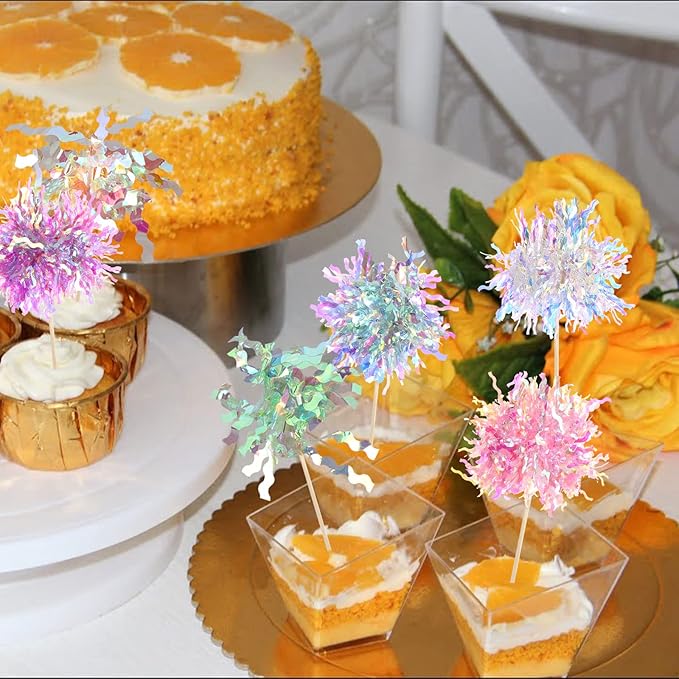 240 Pcs Firework Cupcake Toppers Foil Frill Toothpicks Cake Decorations Sparkle Tinsel Cupcake Toppers Cocktail Picks Firework Party Picks for Holiday Party Favors Supplies (6 Color)