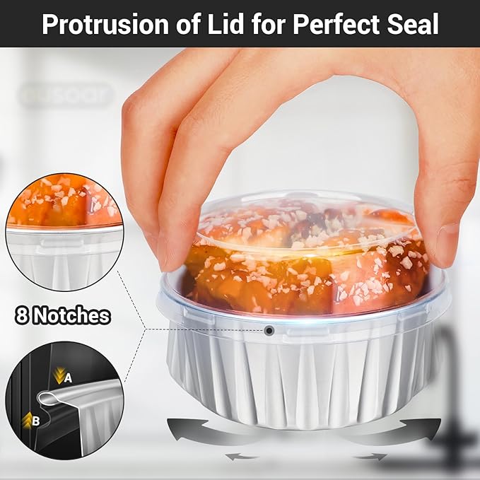 EUSOAR Silver Cupcake Liners, 200pcs 5oz Mini Cake Pans Aluminum Foil Baking Cups with Lids, Cheesecake Muffin Cups, Disposable Dessert Containers Tin for Flan Creme Brulee Souffle Custard Pudding