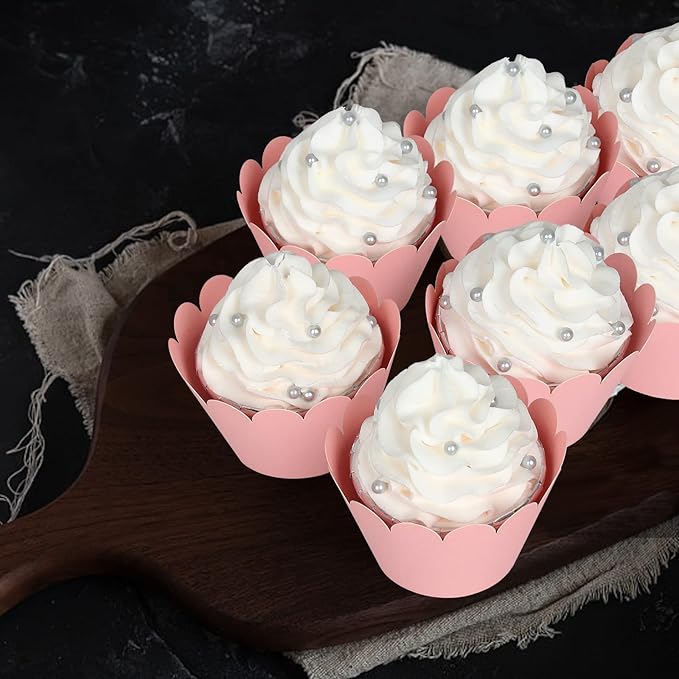 KPOSIYA Set of 100 Artistic Bake Cake Cups Filigree Little Vine Lace Laser Cut Cupcake Wrapper Liner Baking Cup Muffin CaseTrays for Wedding Birthday Party Decoration-Best Kitchen Gift (Pink)