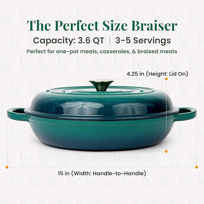 Larder & Vine Enameled Cast Iron Braiser | 3.6 qt Braiser Pan with Lid | Shallow Dutch Oven Compatible on All Cooktops | Casserole Dish Oven Safe to 500ì§?F | Dual Handles | Bondi