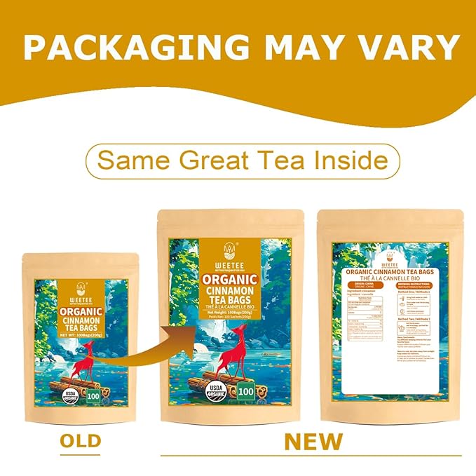 WT WEETEE Organic Cinnamon Tea Bags, Made with 100% Natural & Pure Cinnamon, Natural Caffeine-free Herbal Tea, Spice Tea 2g x 100 Counts