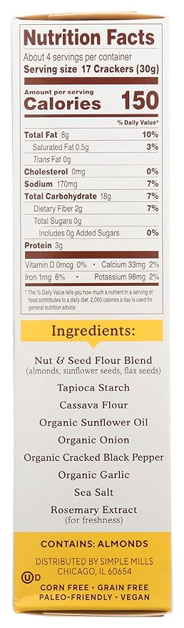 Simple Mills Almond Flour Crackers, Black Cracked Pepper, Gluten Free, Flax Seed, Sunflower Seeds, Corn Free, Good for Snacks, Made with whole foods, (Packaging May Vary)